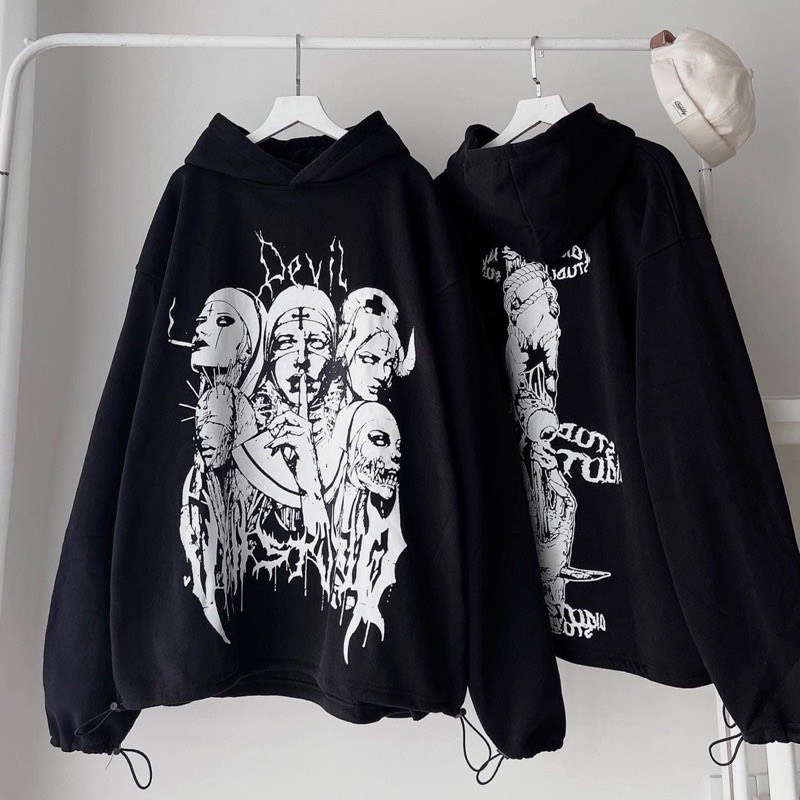 Áo Hoodie Nỉ Devil Mặt Quỷ Màu Đen, Áo Nỉ 5 Cô Y Tá Mặc Ngầu Phong Cách Hàn Quốc