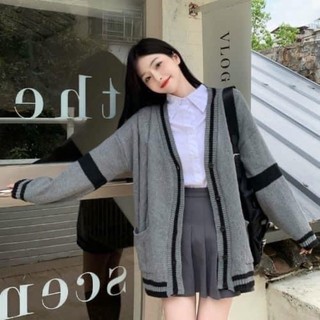 ÁO KHOÁC CARDIGAN MÀU GHI PHỐI VIỀN ĐEN BASIC