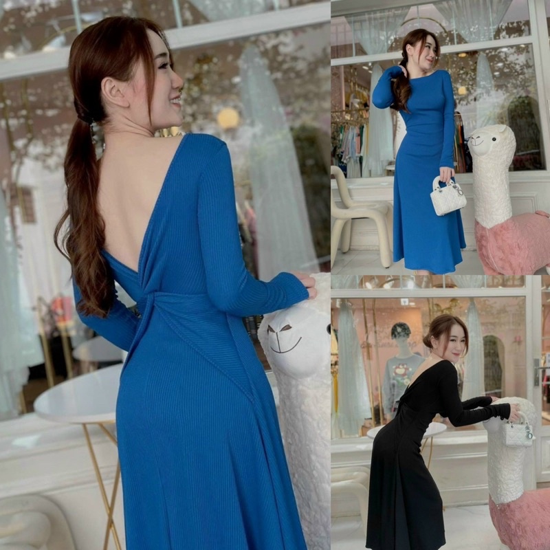 Đầm Gân Tăm Tay Dài Hở Xoén Lưng Kiểu Cách Tao Nhã Dáng Dài Xoè