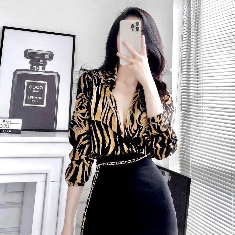 Áo Sơ Mi Nữ Lụa Latin Hoạ Tiết Tiger 3 Màu form Dài size đến 75kg