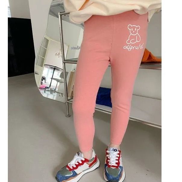 Quần legging dài MNGRL in họa tiết hoạt hình màu trơn thời trang Hàn Quốc cho bé gái