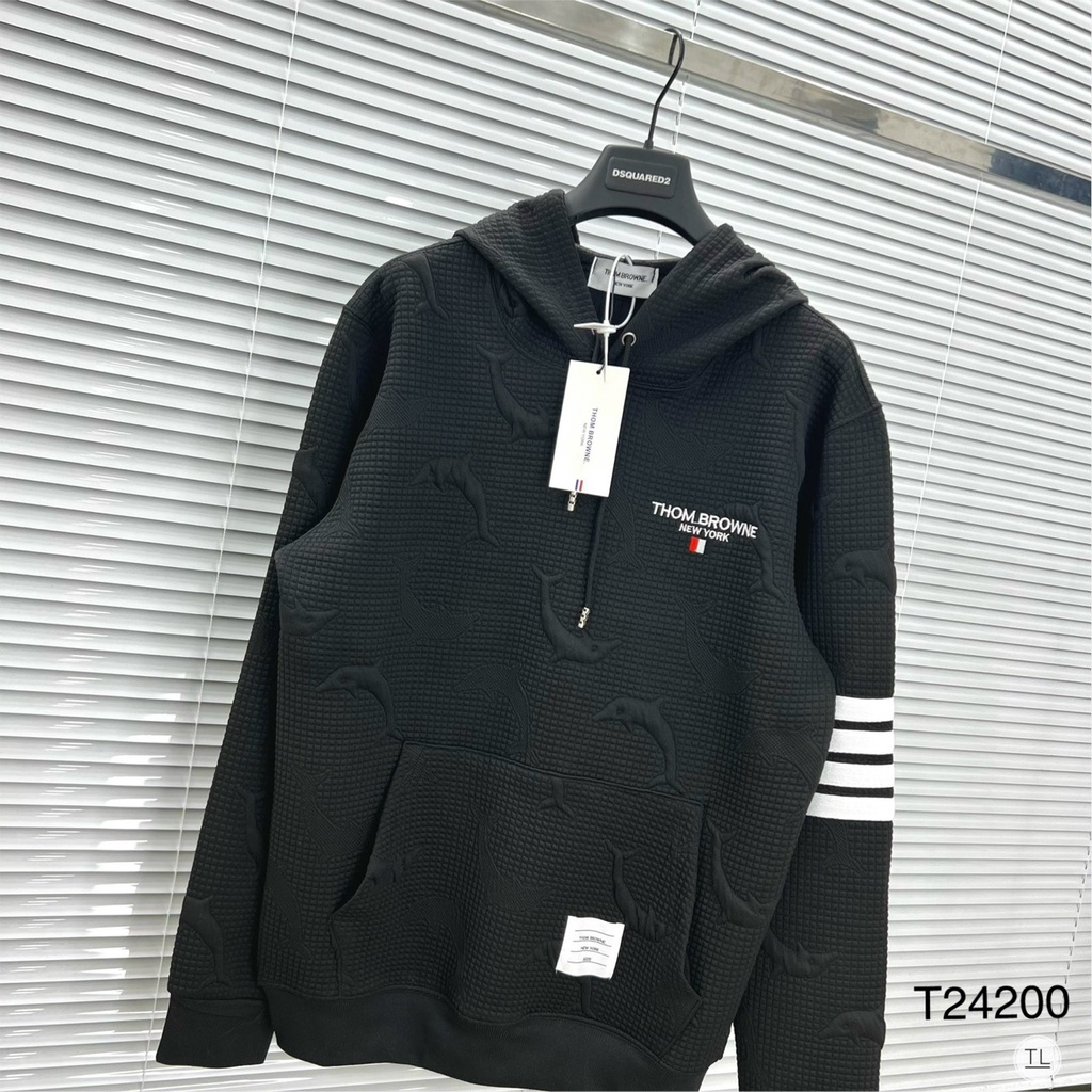 Áo Hoodie Nam Thom 4 Vạch Tay Phối Họa Tiết Cá Heo In Chìm - Áo Nỉ Hoodie Unisex Nam Nữ Thom Chất Nỉ Bông Cao Cấp DT STO
