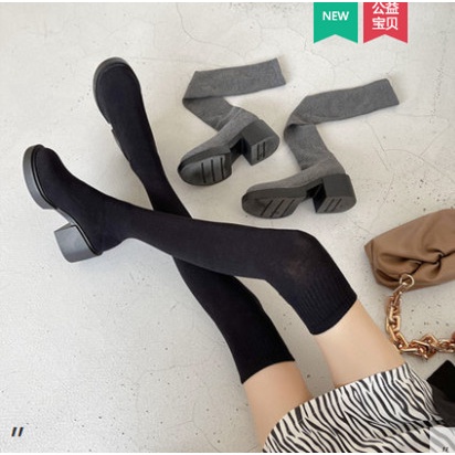 Boots đùi len ôm chân,chất liệu dày dặn,gót cao su mềm êm chân, phong cách Ulzzang Trung Quốc