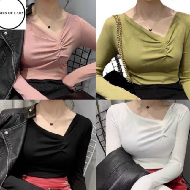Áo Thun Dài Tay Cổ Nhún Chữ V Lệch Vai Chất Thun Tăm Mềm