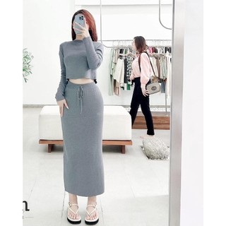 Set zip xám kèm chân váy rút dây eo dáng midi