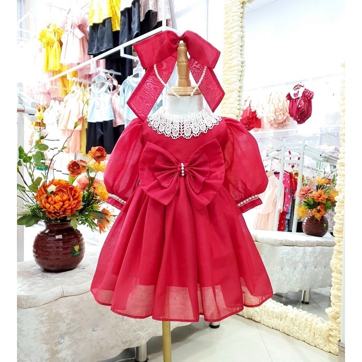 Đầm Váy công chúa nơ đỏ cho bé gái OLIS Baby House, đầy tháng thôi nôi sinh nhật