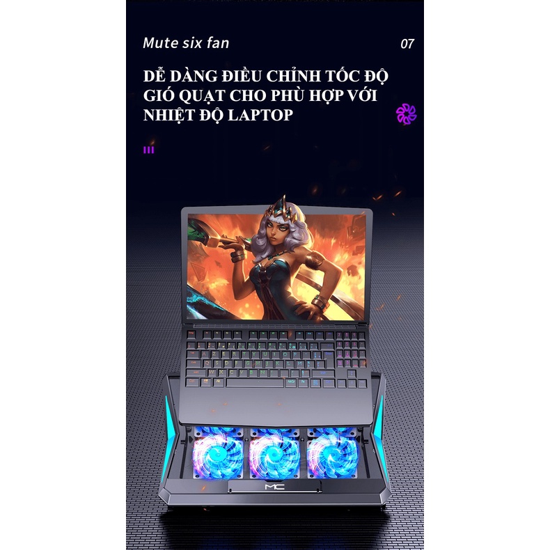Quạt tản nhiệt laptop MC Q3 trang bị 6 quạt với tốc độ gió cực mạnh không tạo ra tiếng ồn khi sử dụng - NK