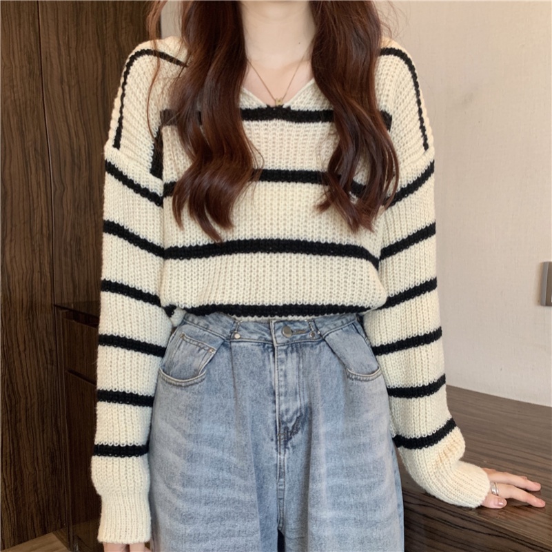 Áo Dệt Kim Chui Đầu Dáng Rộng Cổ Thủy Thủ Kẻ Sọc Kiểu Hàn Quốc Xinh Xắn Cho