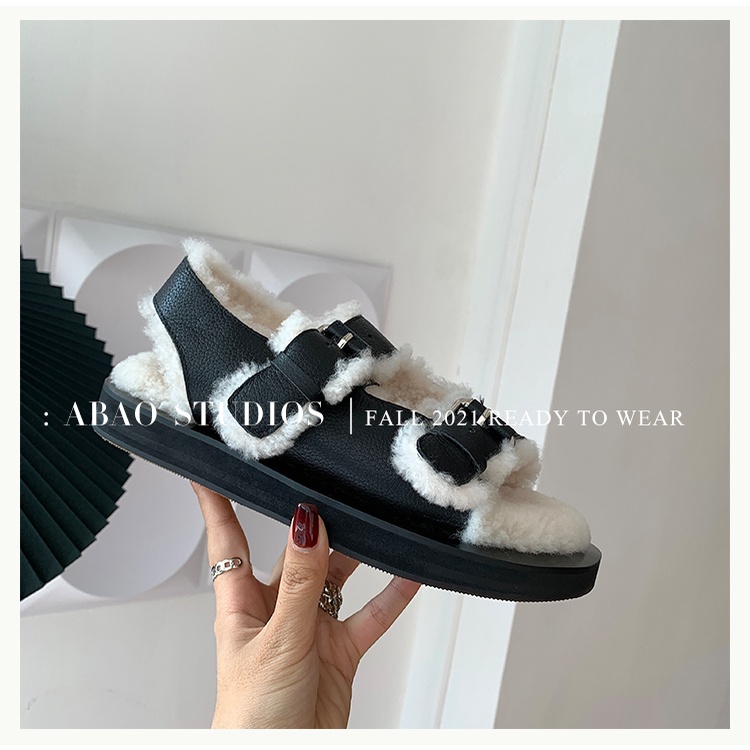 Giày sandal đế dày phối vải lông ấm áp thời trang thu đông dành cho nữ
