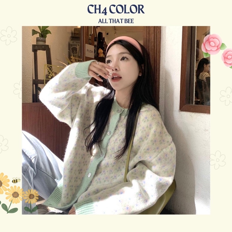 Áo cardigan len, áo khoác thổ cẩm vintage màu xanh lá bánh bèo Hàn Quốc