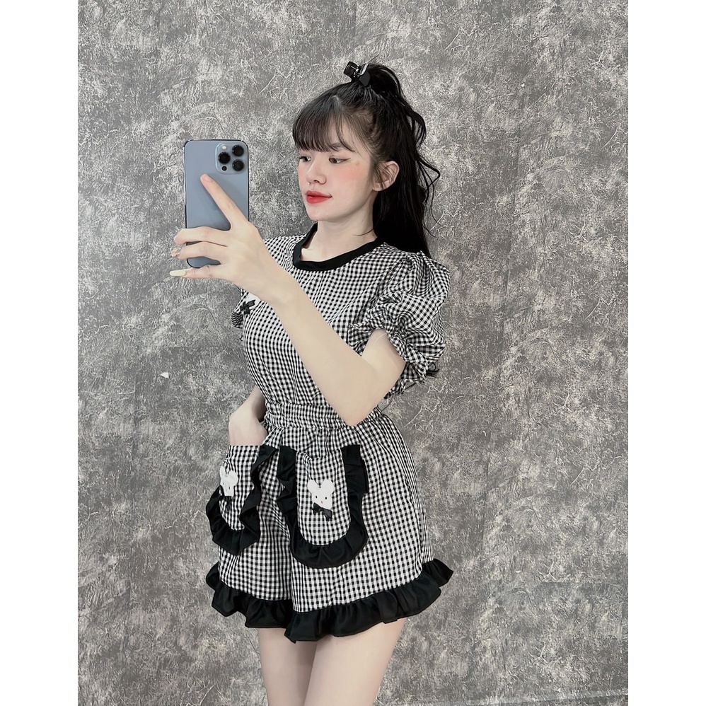 [11.11 Sale Freeship] Set bộ đùi nữ,áo cổ tròn sọc caro áo voan tay bồng thêu hình thỏ kèm quần cộc ngắn viền ren có túi