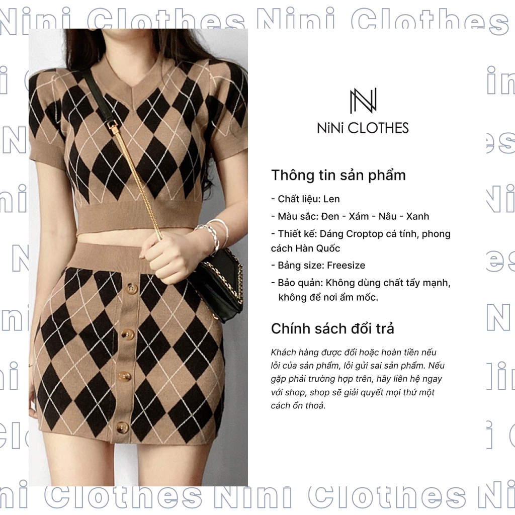 Set bộ váy len, set đầm body Caro dáng croptop phong cách Hàn Quốc NiNi Clothes
