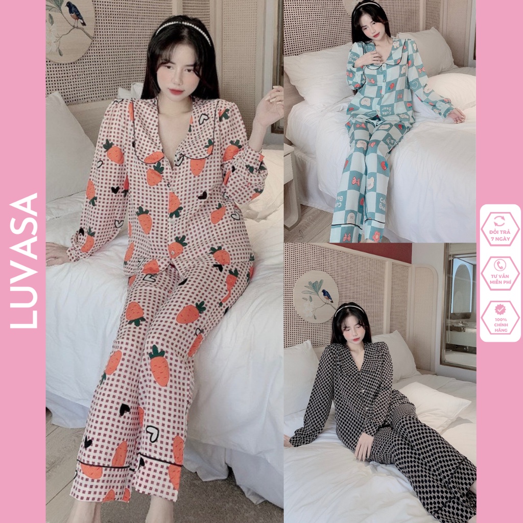 Đồ bộ pijama lụa mango nữ dài tay quần dài ngủ mặc nhà hoạ tiết tiểu thư xinh xắn Luvasa PJ010