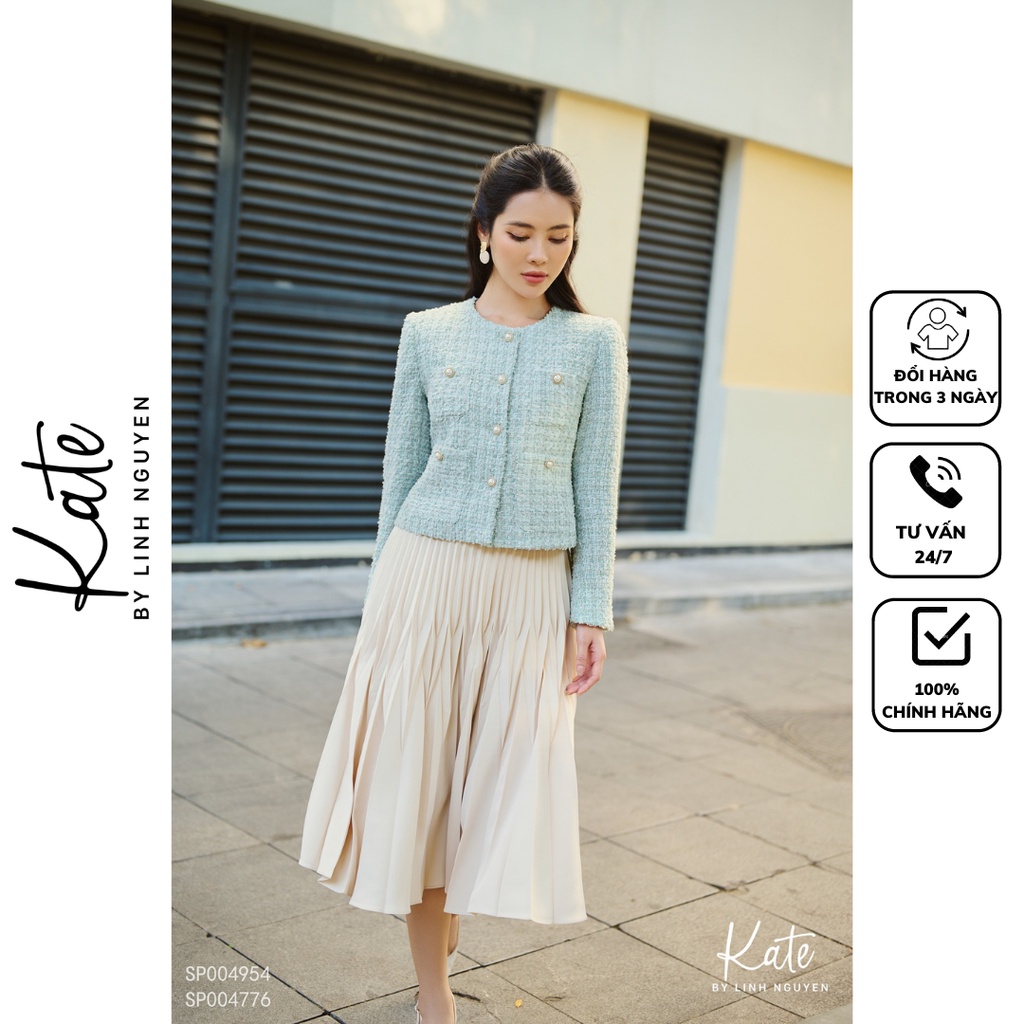 Áo dạ tweed xanh kim tuyến 4954 chân váy xếp ly lệch sóng 4776 thời trang thiết kế KATE By Linh Nguyen