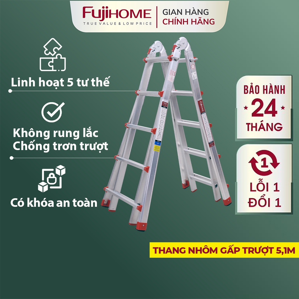 Thang nhôm gấp trượt chữ A 5.1M Nhập Khẩu đa năng chống trượt, thang gấp rút 5 bậc có khóa an toàn Ladder