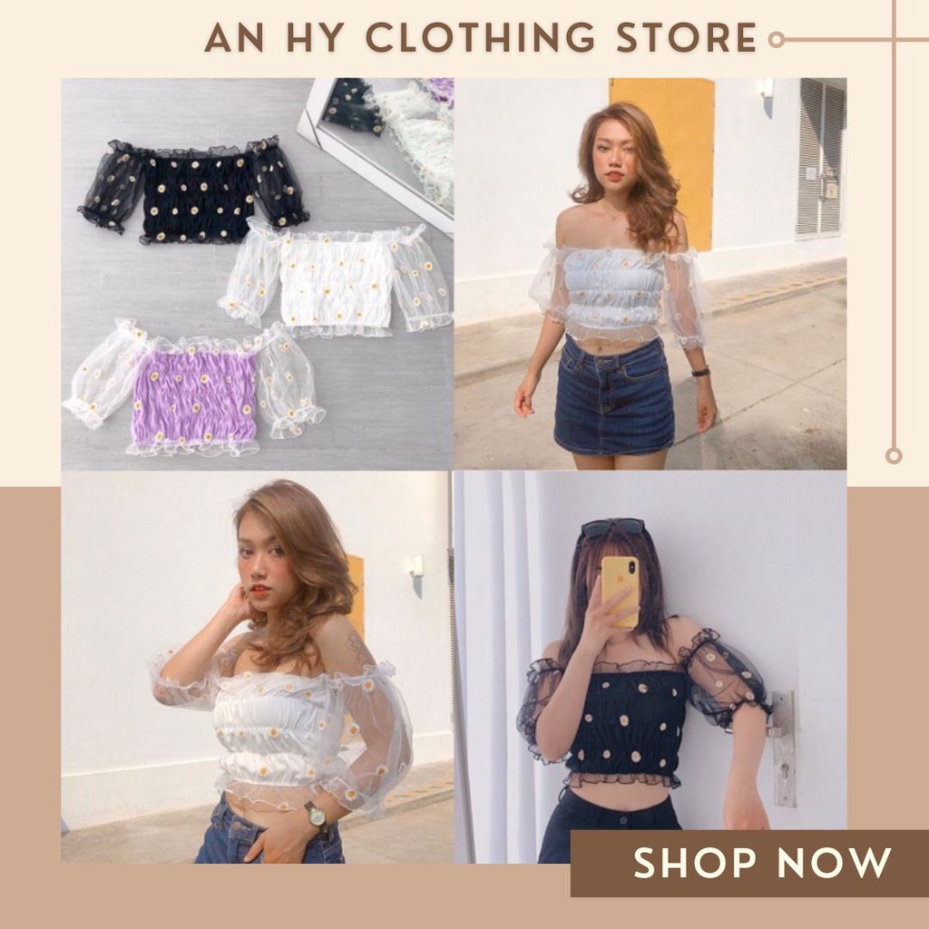 (có bán sỉ,ảnh thật,hoả tốc)🍉HEBE_CROPTOP🥒(ÁO TRỄ VAI PHỐI HOA CÚC)