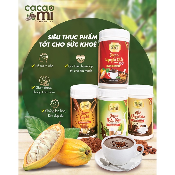 Bột cacao thuần chay đậm đà ca cao nguyên chất mix 4 vị cà phê, sữa dừa, socola - Thức uống hỗ trợ tim mạch, trí nhớ