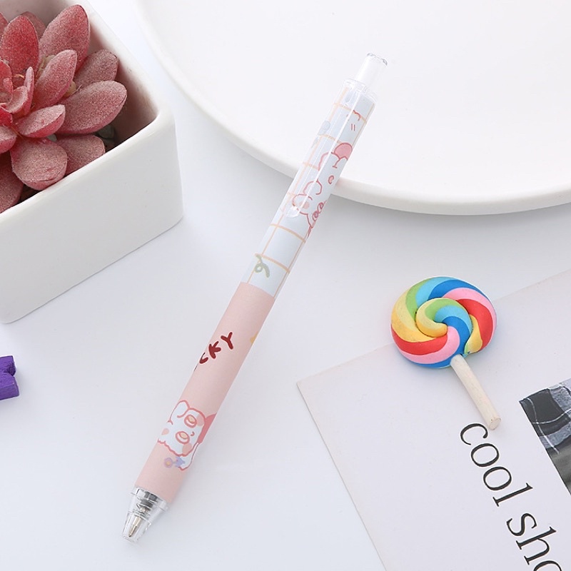 Bút Bi Bấm màu pastel 0.5mm cute dễ thương, bút gel bấm mực đen nhanh khô Ếch Ộp Vpp