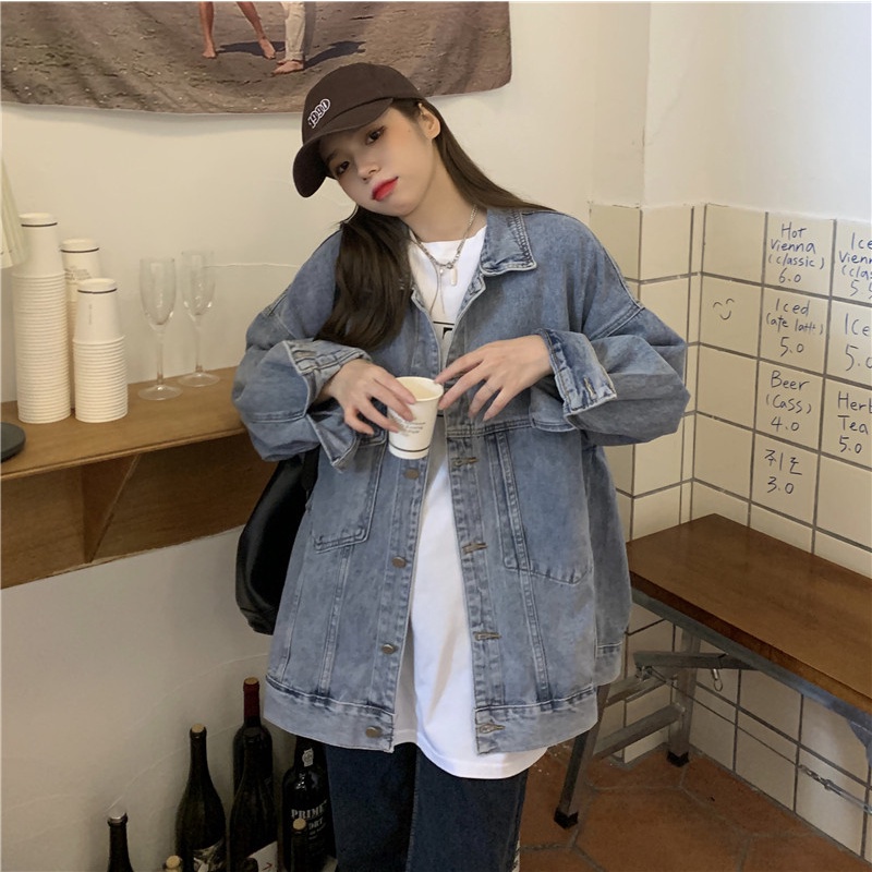 IELGY    Áo Khoác denim Tay Dài Dáng Rộng Màu Xanh Dương Sang Trọng Cho Nữ