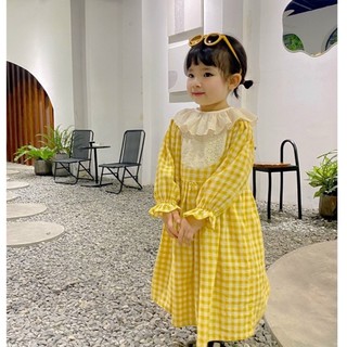 Váy Bé Gái CELINA V11 Đầm Trẻ Em Kẻ Caro Chất Liệu Cotton Hàn Mix Cổ Ren Rời Thiết Kế Phong Cách Hàn Quốc