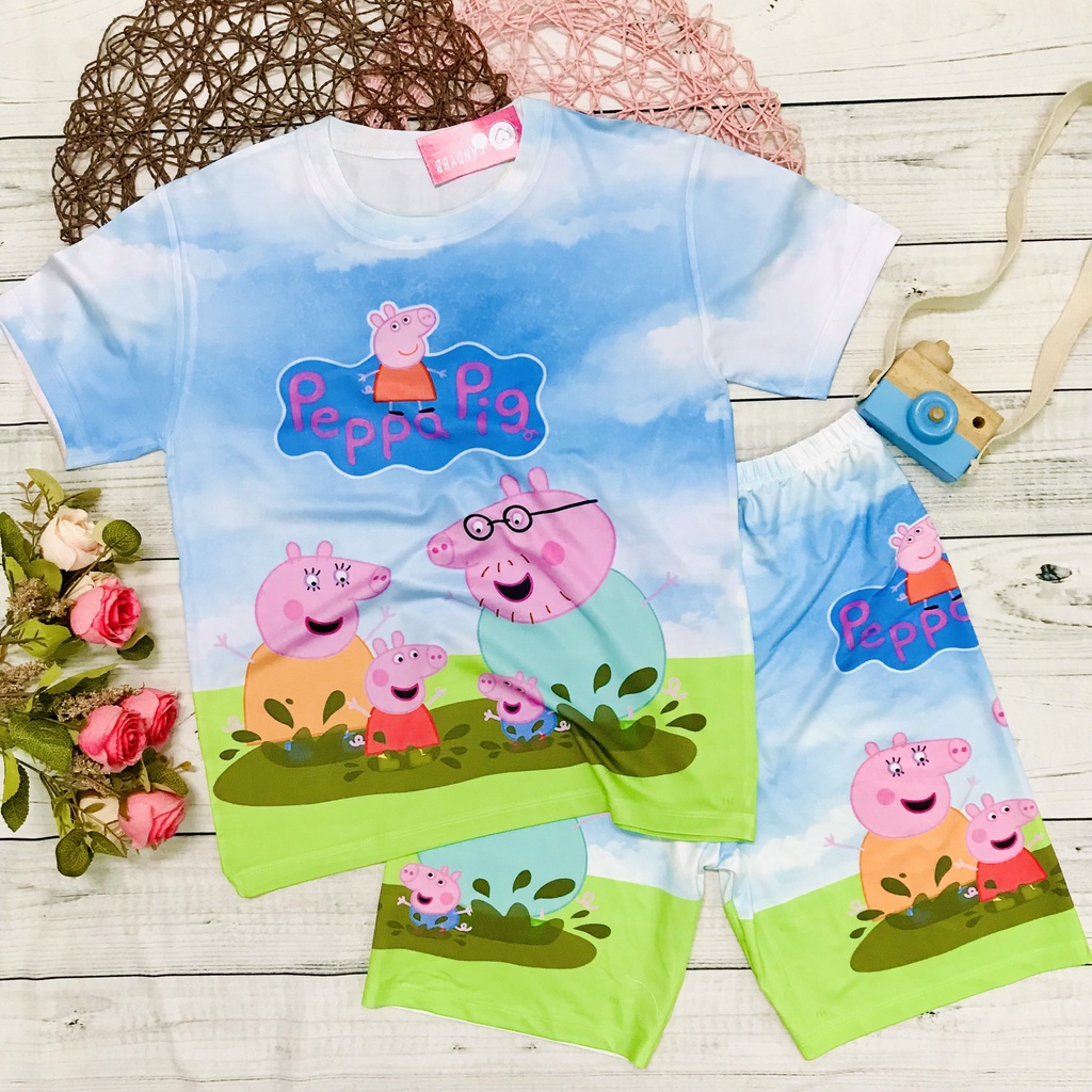 Đồ bộ thun lạnh cộc tay bé trai bé gái in 3D hình Gia Đình Heo Peppa cho bé thoáng mát