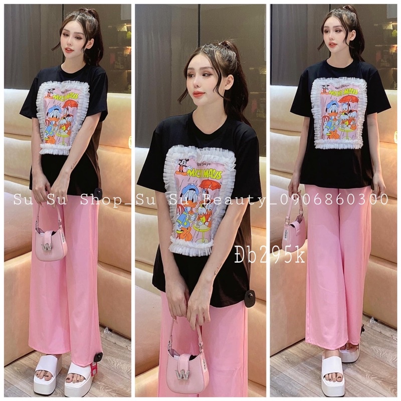 Set áo cotton micky phối lưới quần suông gân C11