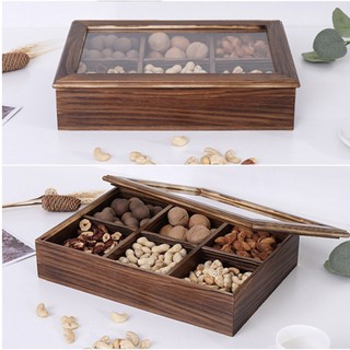 Hộp gỗ nắp kính đựng bánh mứt, hạt khô 2 size 4 ngăn / 6 ngăn