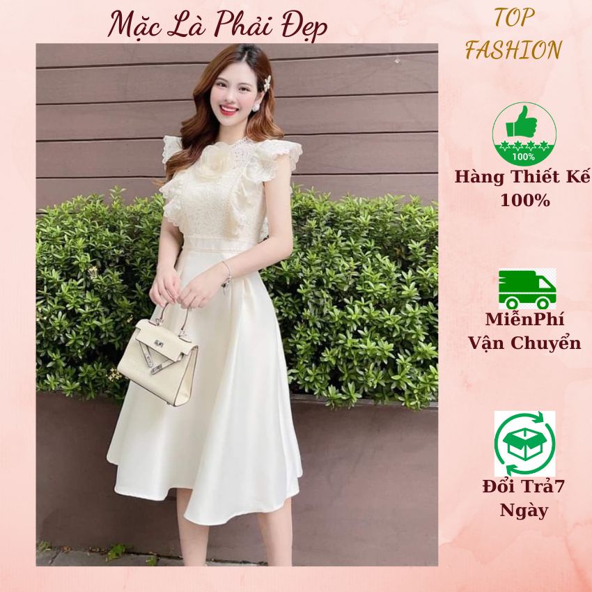 Đầm dự tiệc chất ren phối tafta cao cấp TOPFASHION, Váy thiết kế công sở trẻ trung hiện đại