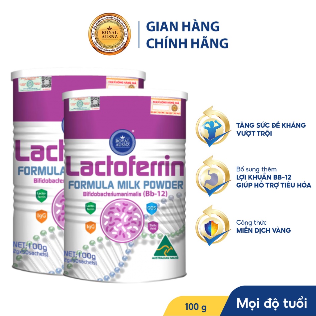 Combo 2 Sữa Hoàng Gia Úc Lactoferrin Formula Milk BB-12 Tăng Cường Hệ Miễn Dịch ROYAL AUSNZ 100g