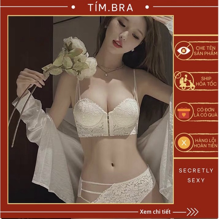 Áo lót ren nữ cúc cài ngực trước gợi cảm kèm quần lót Tím Bra không gọng chất cotton phối ren cao cấp M6