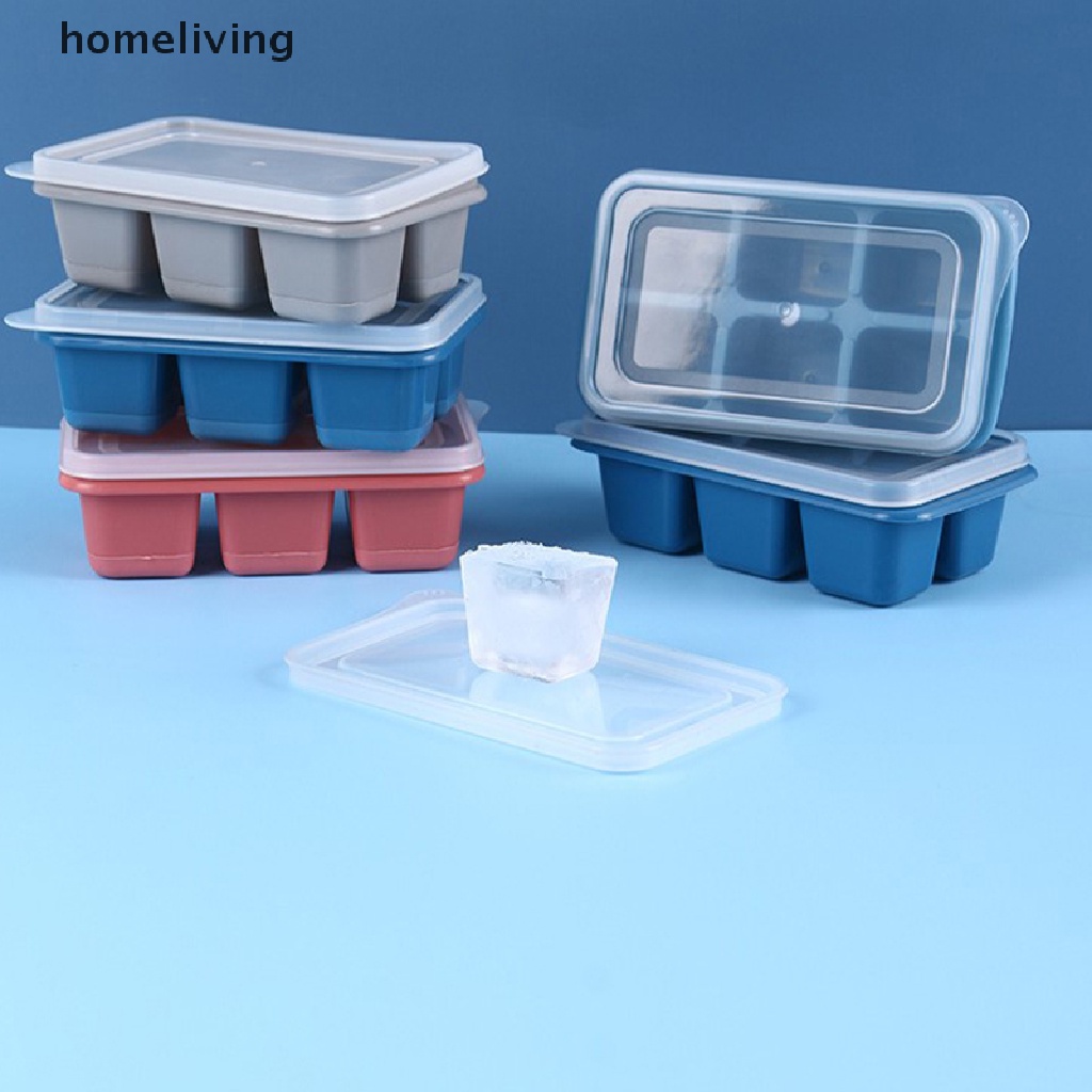 Khuôn Silicon Làm Đá Viên 6 Ngăn Đáy Mềm Có Nắp Đậy DIY