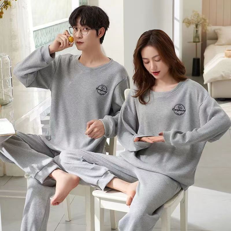 Bộ Đồ Ngủ Cotton Tay Dài Dáng Rộng Plus Size Phong Cách Hàn Quốc Thời Trang Xuân Thu Cho Cặp Đôi