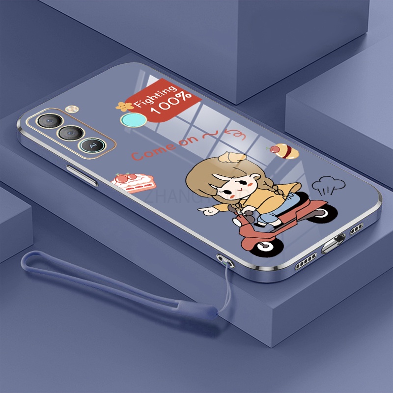 Ốp Điện Thoại TPU Silicon Mạ Điện Hình Cô Gái Chạy Xe Máy Kèm Dây Đeo Cho Tecno pop 5 lte