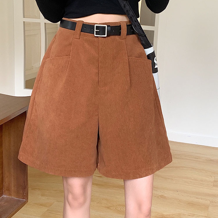 Quần short SUXI nhung kẻ lưng cao dáng rộng thời trang mùa thu cho nữ