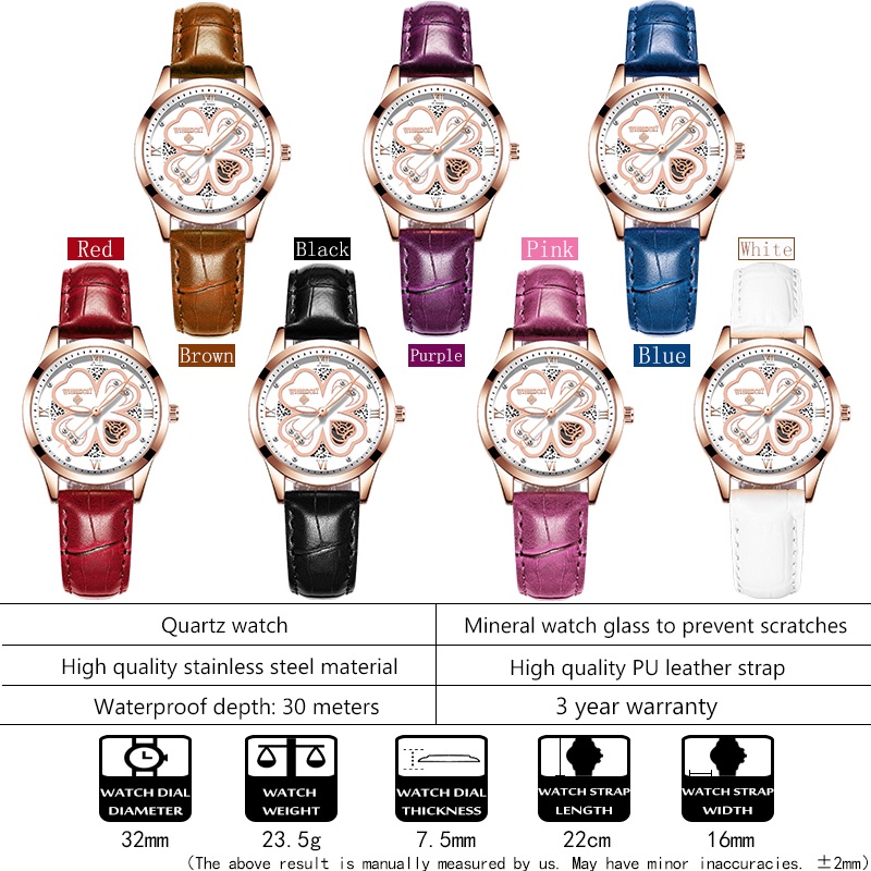 Đồng hồ đeo tay WISHDOIT mặt họa tiết cỏ bốn lá dây da chống thấm nước thời trang dành cho nữ