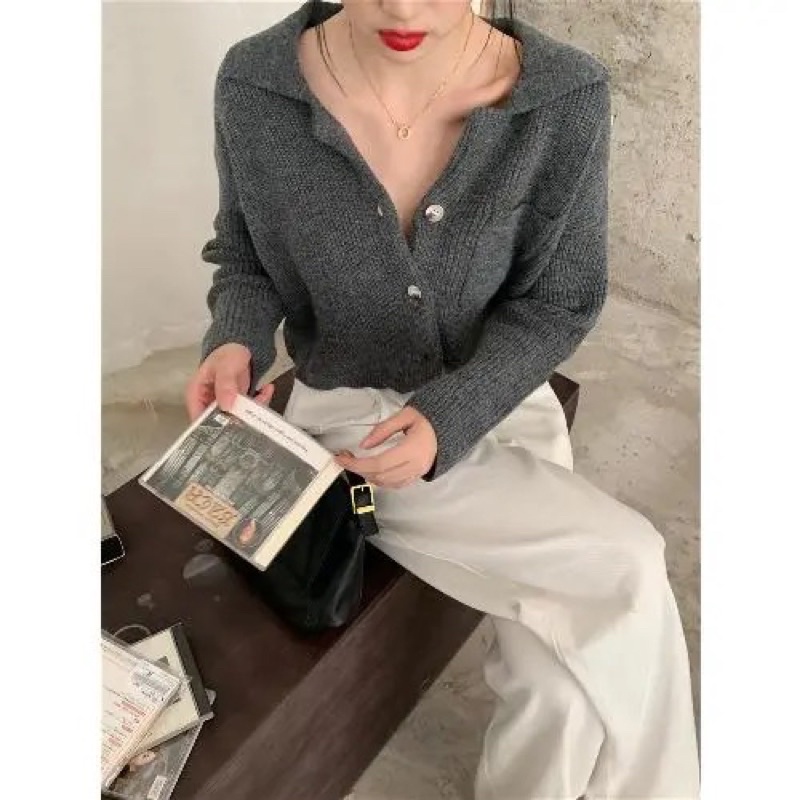 Áo Len Croptop Nữ Màu Be Ghi Nâu Cổ Sơ Mi Có Túi Ngực Dáng Suông Phong Cách Hàn Loại 1