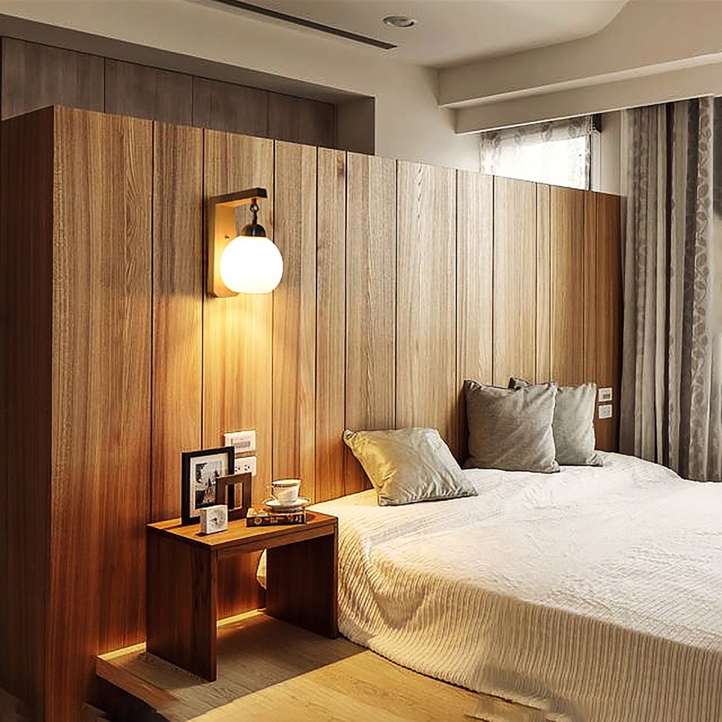 Đèn Treo Tường Trang Trí Phòng Khách Phòng Ngủ Thân Gỗ Chao Sữa Upled