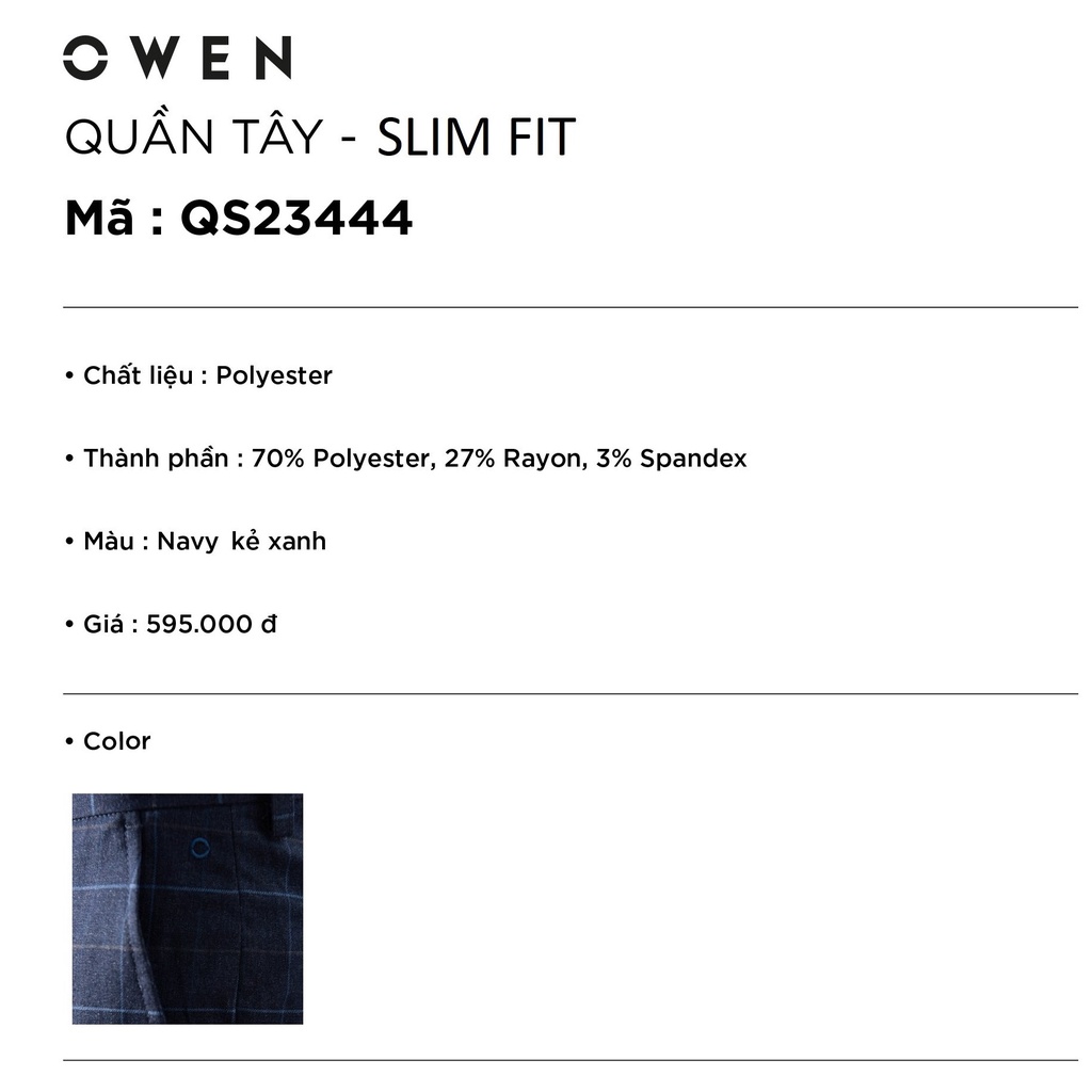 Quần âu tây nam công sở cao cấp OWEN QS23444 dáng slim fit ống ôm màu màu navy kẻ xanh vải polyester mềm mát đứng dáng