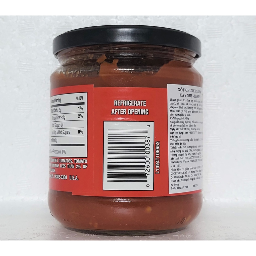 [Lọ 454g – MILD] XỐT CÀ CHUA CAY NHẸ KIỂU MEXICO [Canada] HERR’S Chunky Salsa (atp)