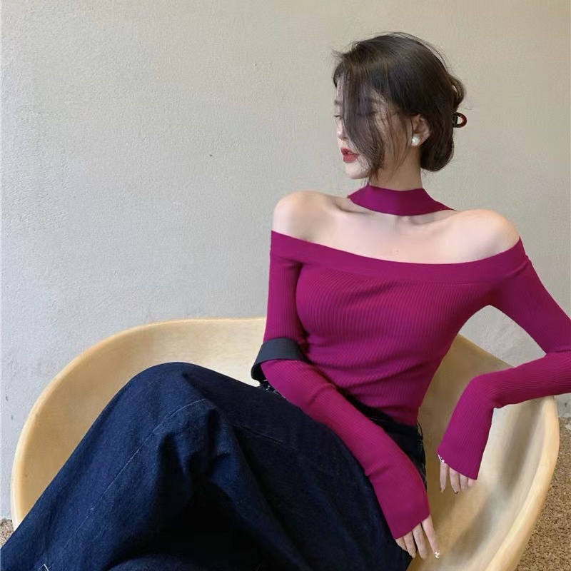 Áo dệt kim SUXI trễ vai dáng ôm phong cách vintage thời trang mùa thu quyến rũ cho nữ