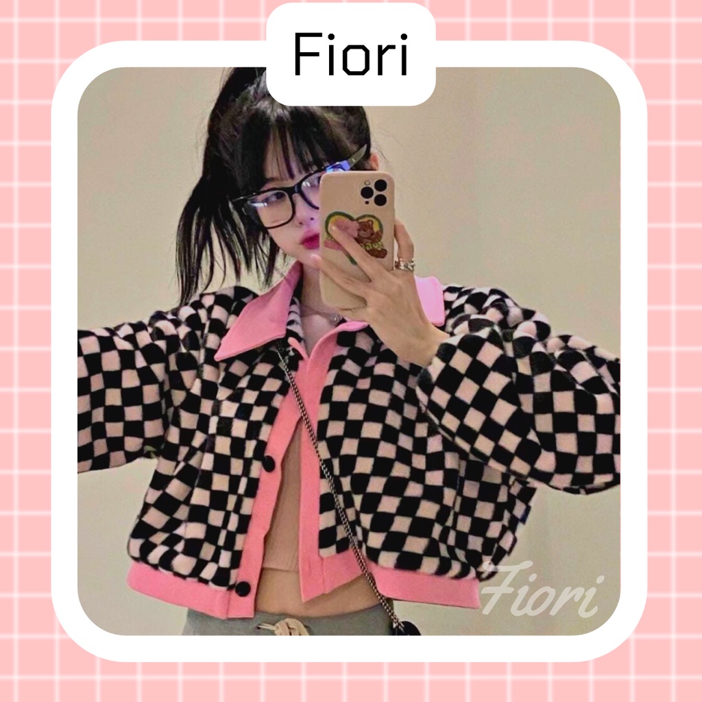 FIORI-Áo khoác cardigan họa tiết caro trắng đen cổ bẻ màu hồng chất liệu len