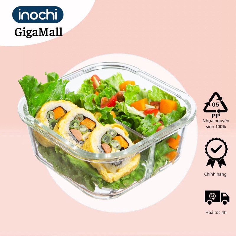 hộp thủy tinh vuông chia ngăn INOCHI, nắp đậy kín, chịu nhiệt độ cao, kháng khuẩn.