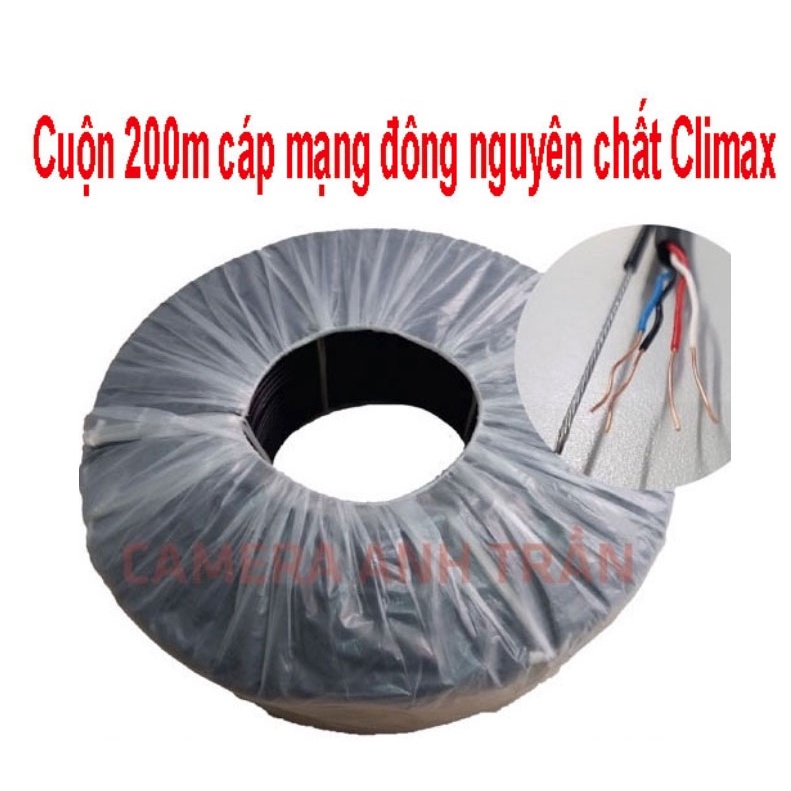 Cuộn 200m cáp mạng, cáp camera Climax 4 lõi đồng nguyên chất có cáp treo dây - cáp lan ngoài trời, dây mạng ngoài trời