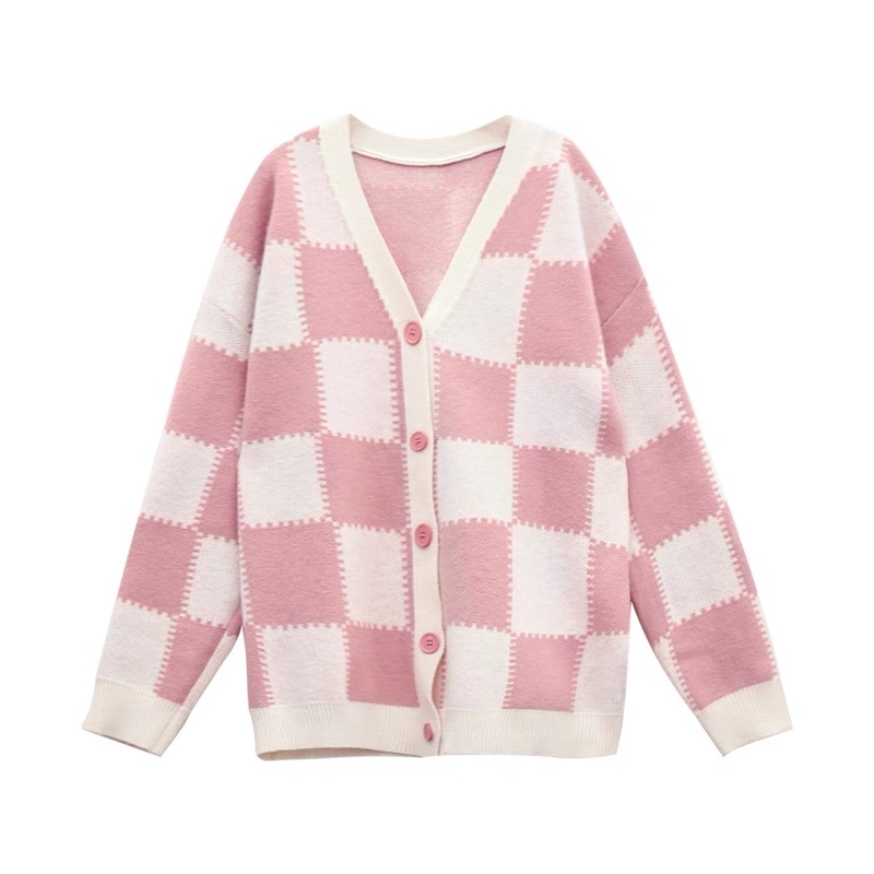 Áo khoác dệt kim nữ dài tay caro ziczac 2 màu, cardigan nữ chất len mềm mịn