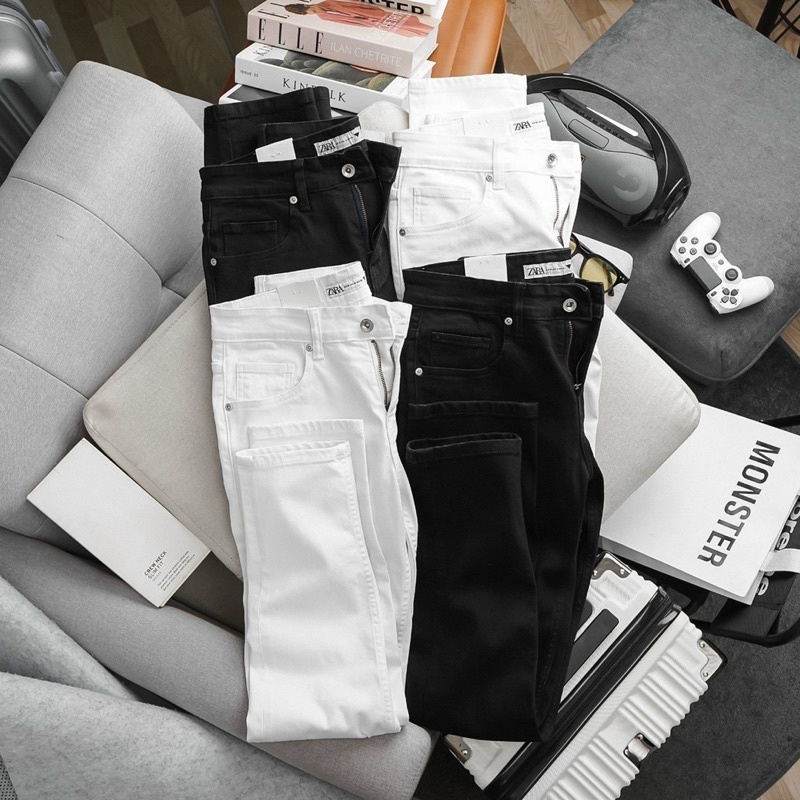 Quần jean nam cao cấp jean za.ra vải dày trắng đen trơn rách hàng chất lượng