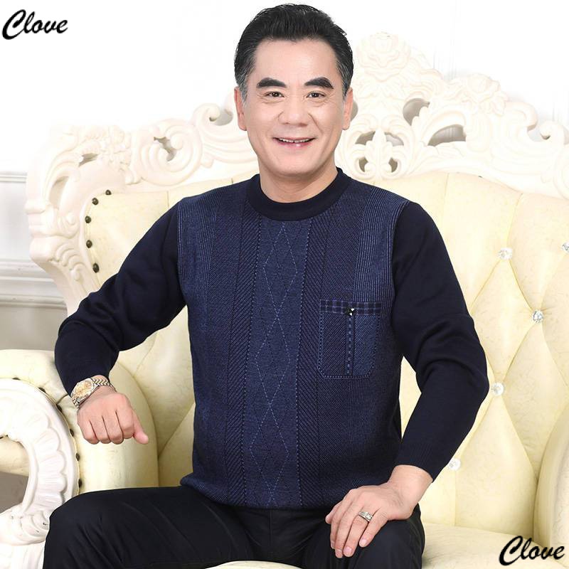 Áo Sweater Tay Dài Vải Lông Cừu Dày Dặn Giữ Ấm Phong Cách Mới Cho Nam Trung Niên