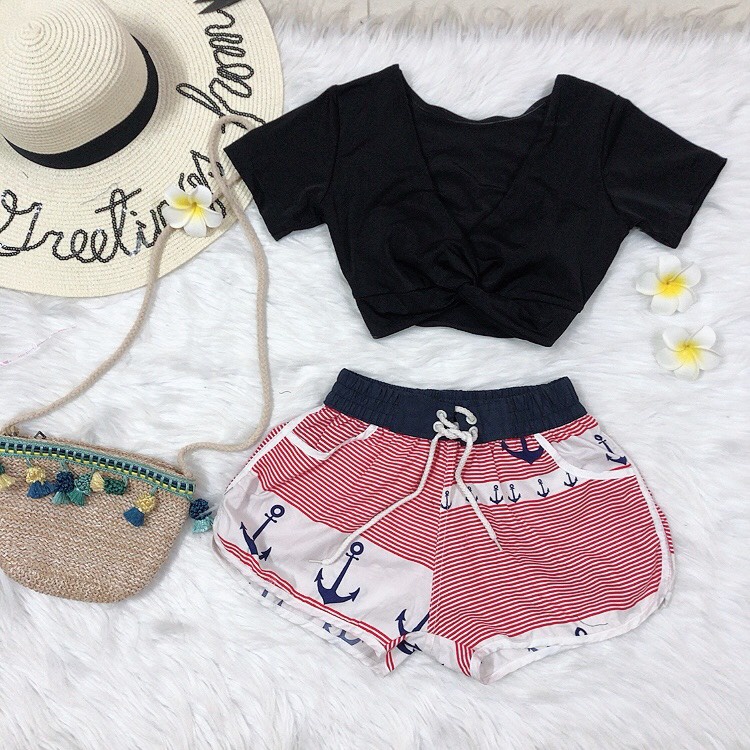 Bikini nữ đồ bơi 2 mảnh áo tay ngắn xoắn ngực mix quần họa tiết mỏ neo sọc ngang đỏ