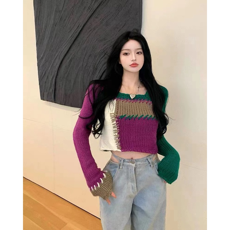 Áo Croptop Cổ Vuông Dáng Ôm Màu Tương Phản Thời Trang Thu Đông Mới