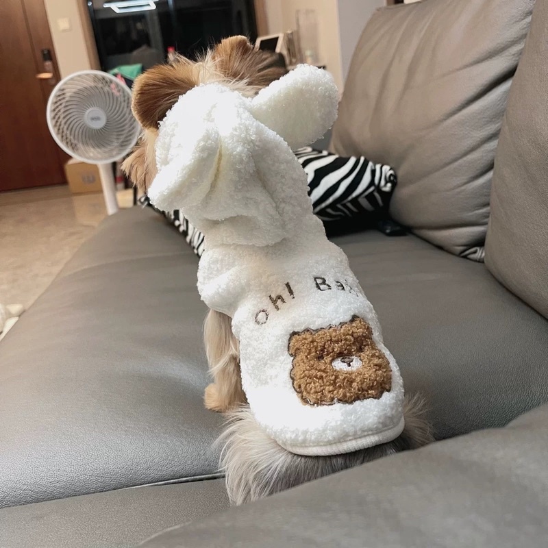 Áo gile lông cho chó mèo có mũ hình gấu