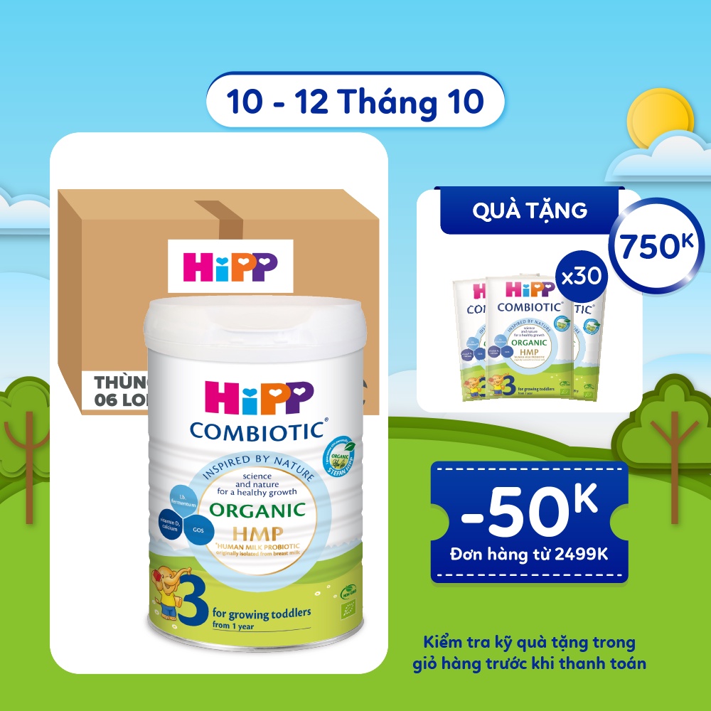 Thùng 6 lon Sữa bột công thức HiPP 3 Organic Combiotic 800g hỗ trợ tiêu hóa và tăng chiều cao (6 lon x 800g).